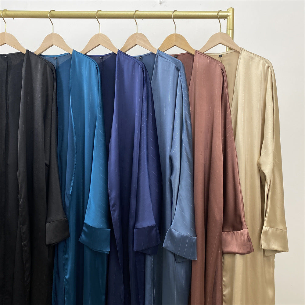 1439#Women Abaya Smooth Satin Kimono Slit Sleeve Popular Islamic Clothing Modest Silver Line Printed Abayas