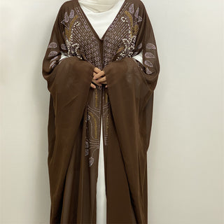 6743#Luxury New Rhinestone Chiffon Abaya Bead With Pearls Batwing Sleeves Classy Cardigan