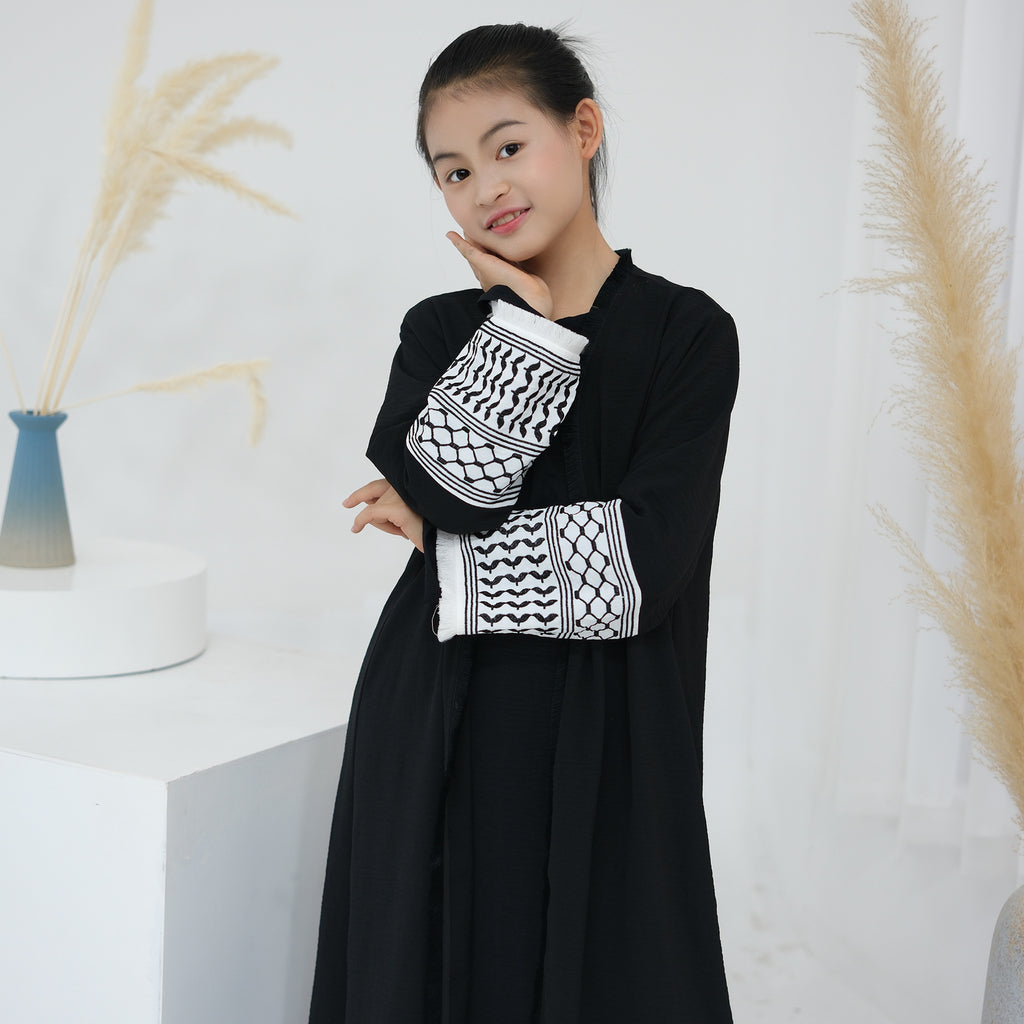 1782#Kids Abaya Keffiyeh Inspired Girls Embroidery Sleeves Women Maxi Dress Islamic Kaftan Trend Abaya