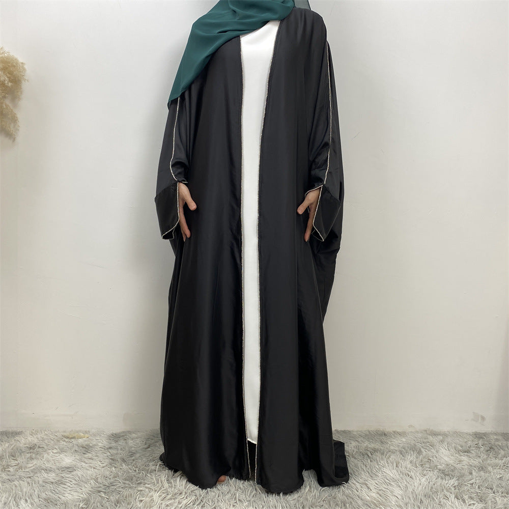 1427#New Arrival Muslim Women Silver Diamond Cardigan Islamic Clothing Light Shiny Satin Silk Abaya With Split Cuff