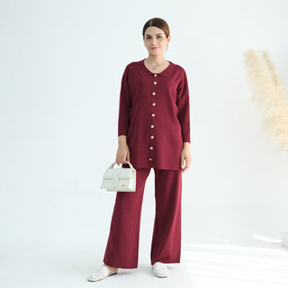 1869#Button Detailed Knit Sweater Pants Set Free Size Modest Two Pieces Women Casual Wear Fall Abaya Suit