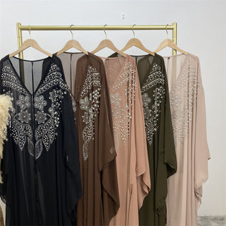 6742# Luxury Rhinestone Chiffon Abaya Hot Drilling Bead With Pearls Classy Cardigan