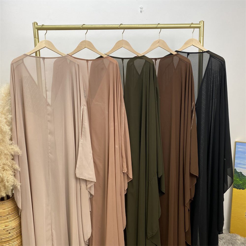 6739# Luxury Rhinestone Chiffon Abaya Hot Drilling Bead With Pearls Classy Cardigan