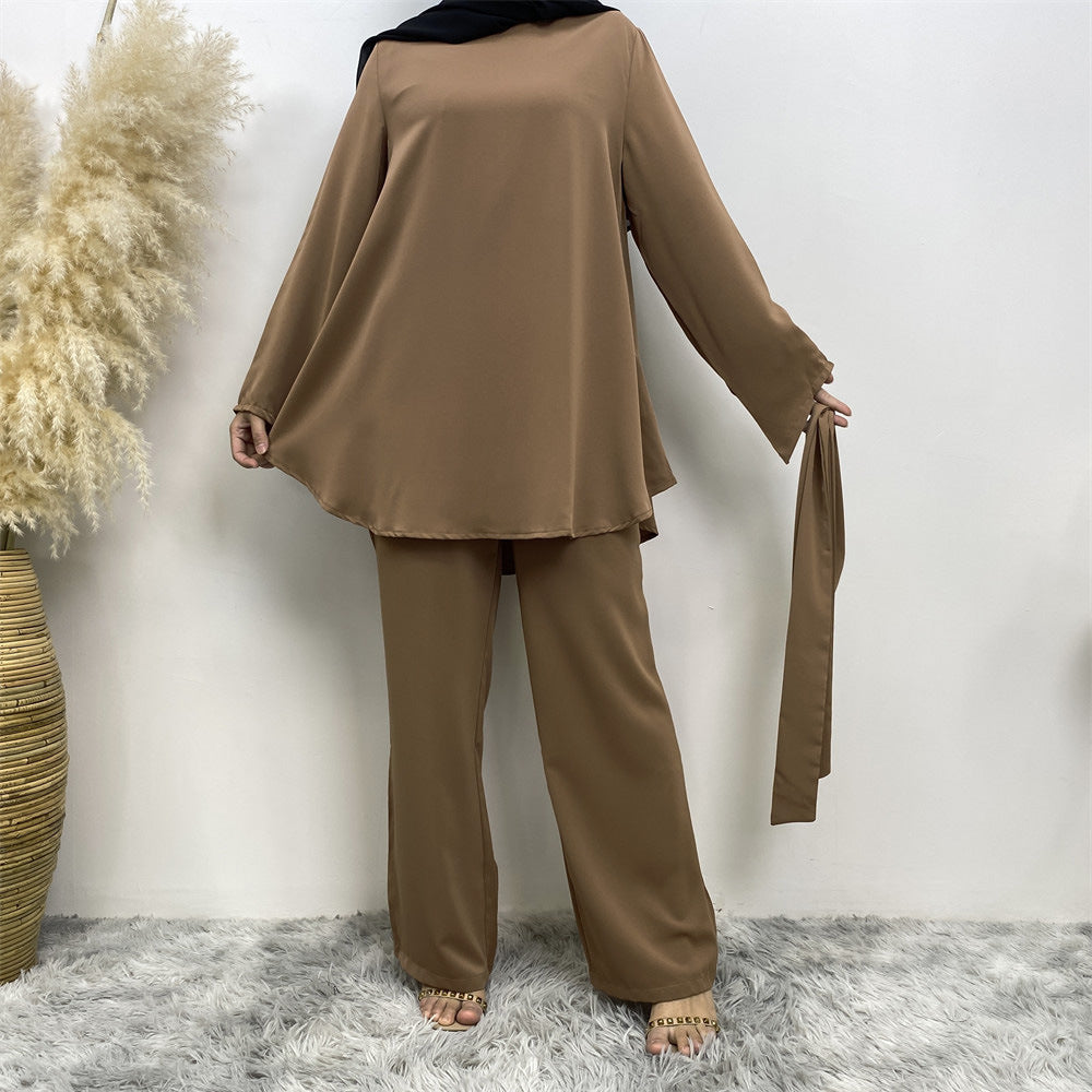 2272# Solid color popular office sets long sleeve blouse loose wide leg pant 2 pieces sets