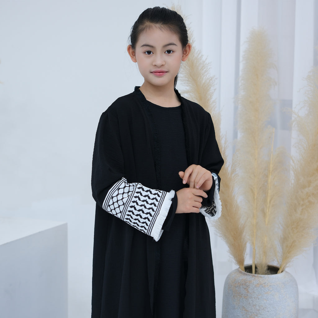 1782#Kids Abaya Keffiyeh Inspired Girls Embroidery Sleeves Women Maxi Dress Islamic Kaftan Trend Abaya