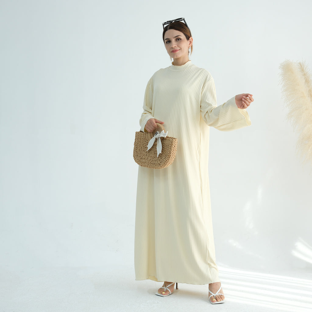 1905#High Neck Simple Daily Wear Plain Modest Abaya Women Muslim Dress Long Sleeve Slip Dress