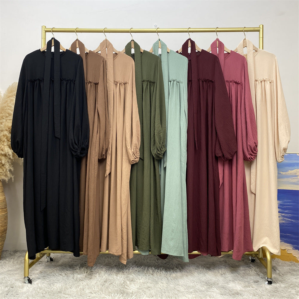 694#Big sleeves wrinkle crepe closed abaya maxi dresses with side pockets