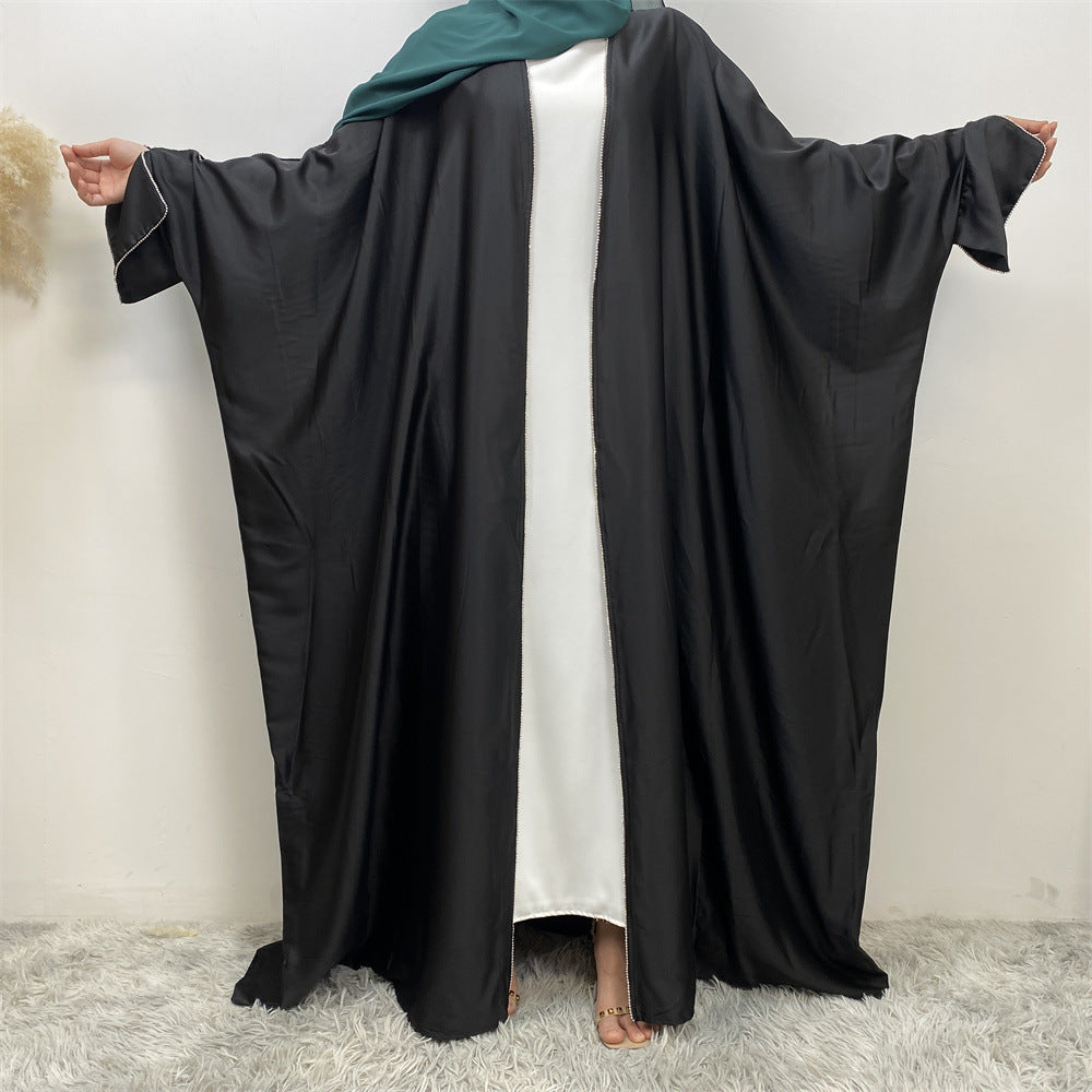 1427#New Arrival Muslim Women Silver Diamond Cardigan Islamic Clothing Light Shiny Satin Silk Abaya With Split Cuff