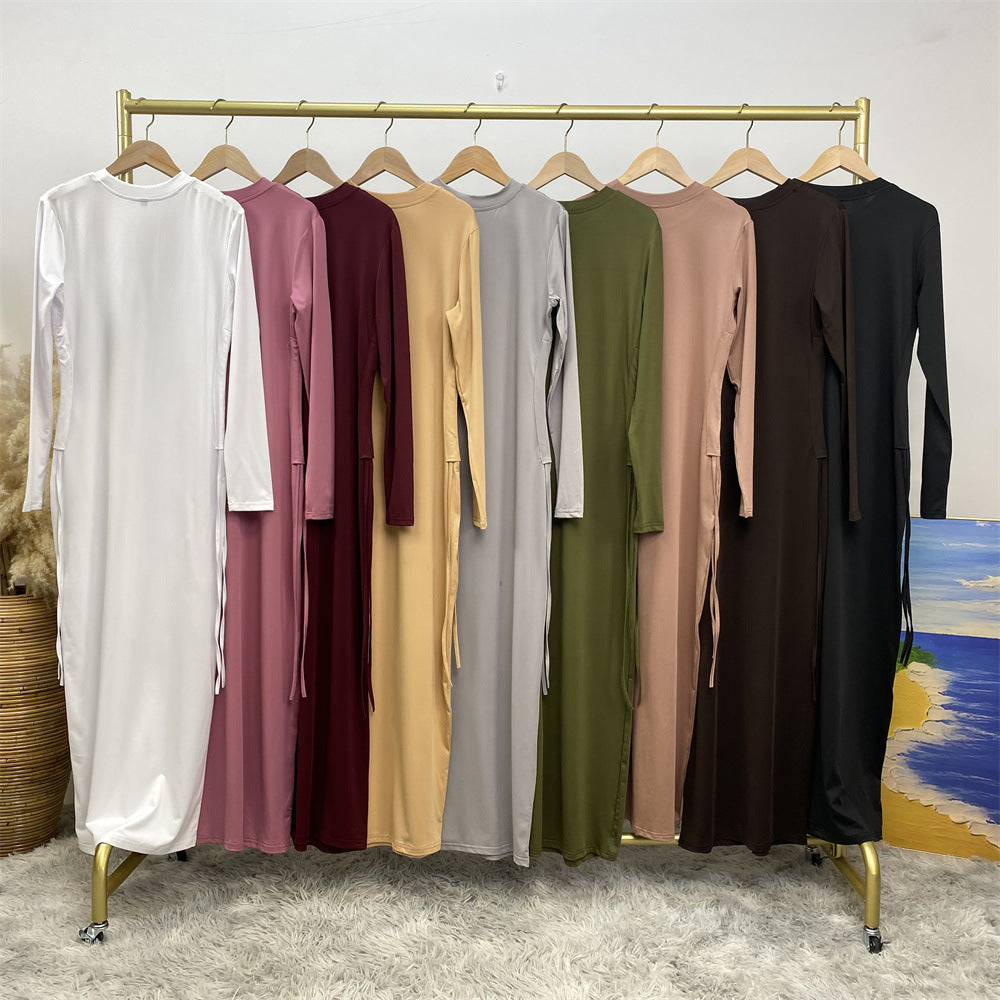 8521#Latest Dress Solid Color Little Bouncy Jersey Women Long Slim Sleeves Dress
