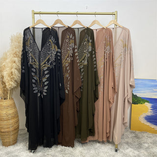 6743#Luxury New Rhinestone Chiffon Abaya Bead With Pearls Batwing Sleeves Classy Cardigan 的副本