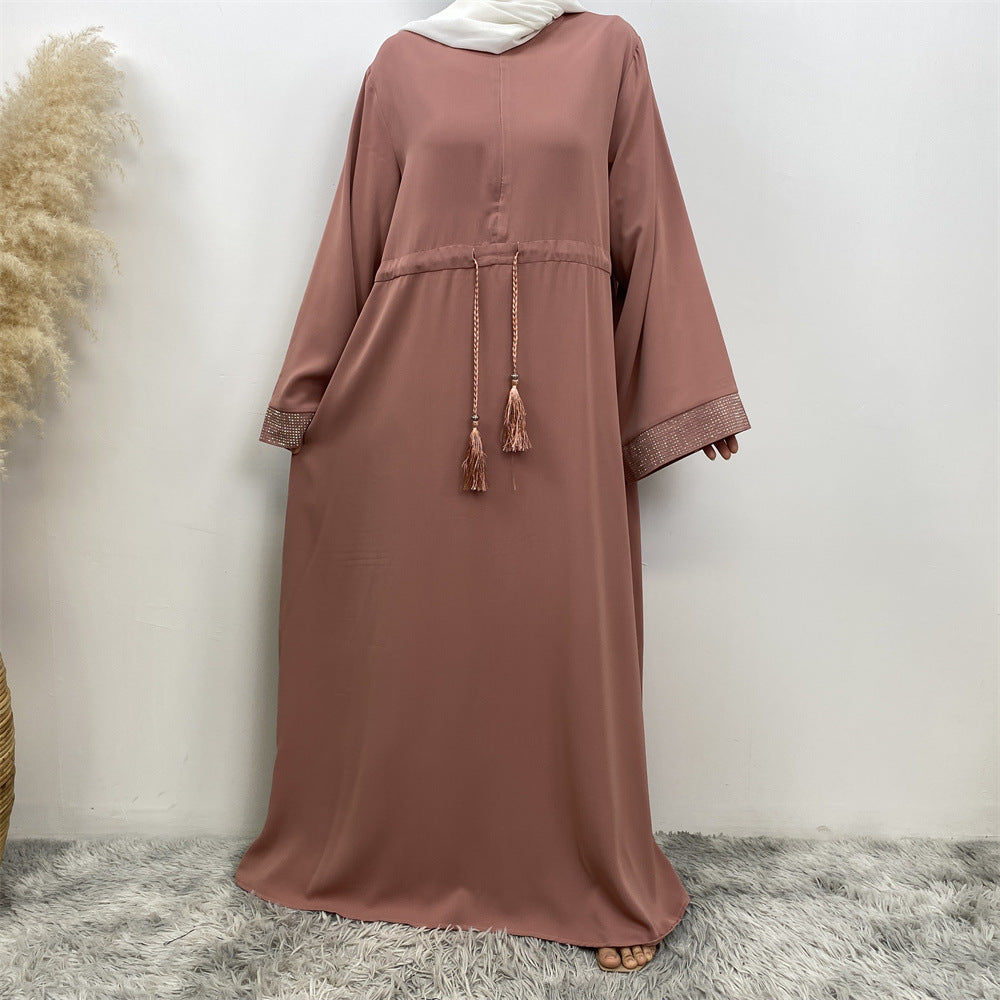 6758# Front zipper closed abaya dress loose cuff with rhinestone maxi dresses