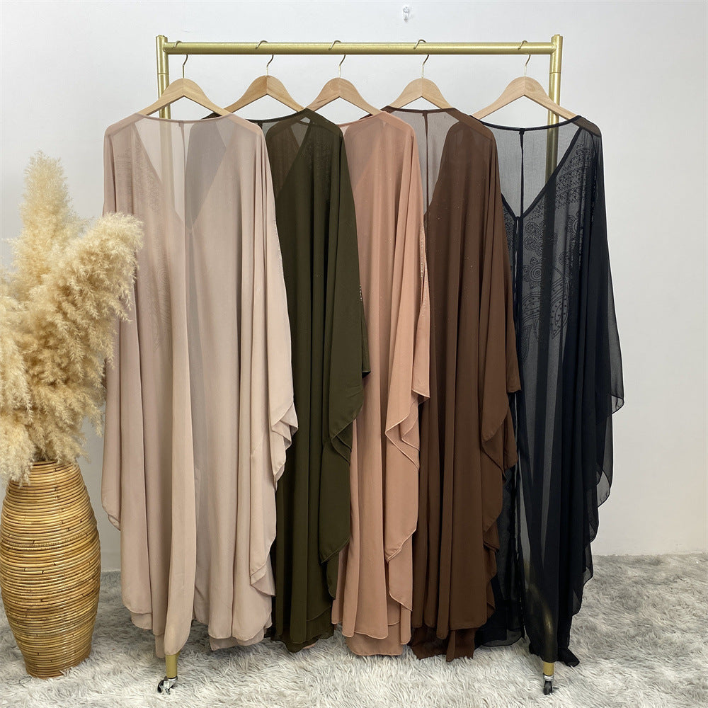 6742# Luxury Rhinestone Chiffon Abaya Hot Drilling Bead With Pearls Classy Cardigan