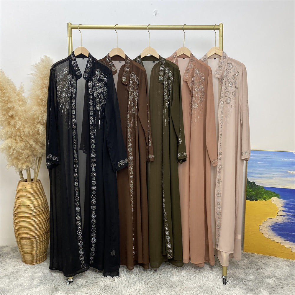 6740# Luxury chiffon africa diamond abaya long robe kaftan muslim women rhinestone open abaya