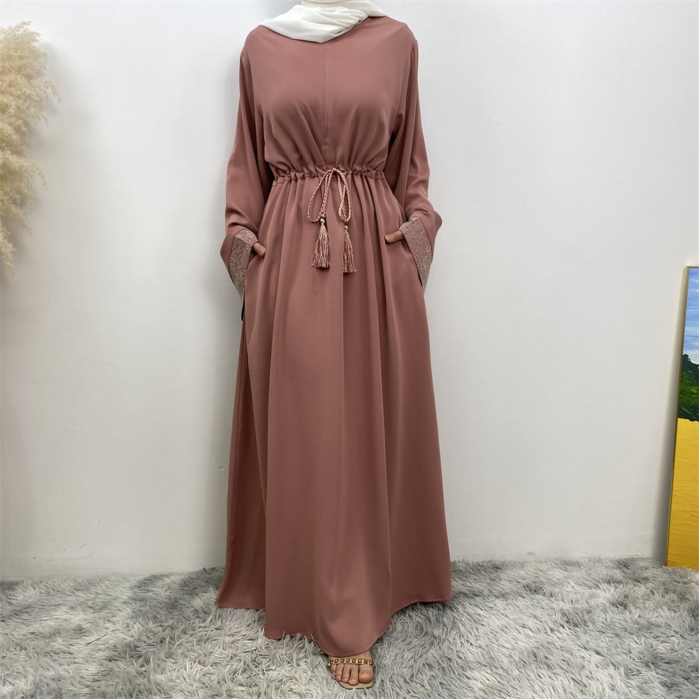 6758# Front zipper closed abaya dress loose cuff with rhinestone maxi dresses