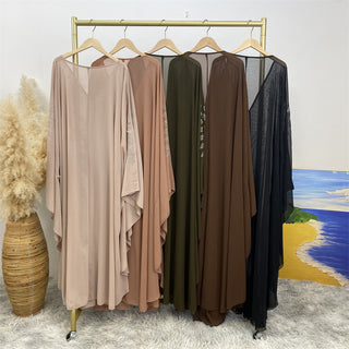 6743#Luxury New Rhinestone Chiffon Abaya Bead With Pearls Batwing Sleeves Classy Cardigan