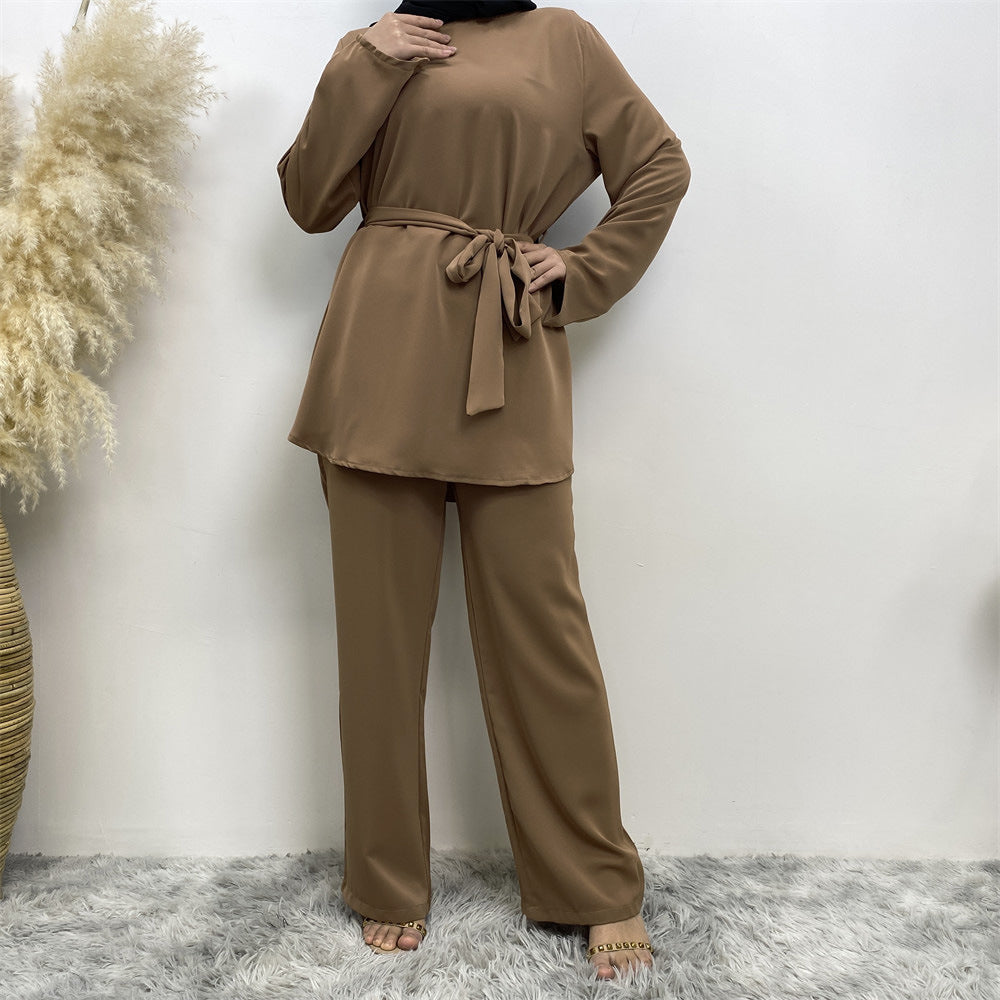 2272# Solid color popular office sets long sleeve blouse loose wide leg pant 2 pieces sets