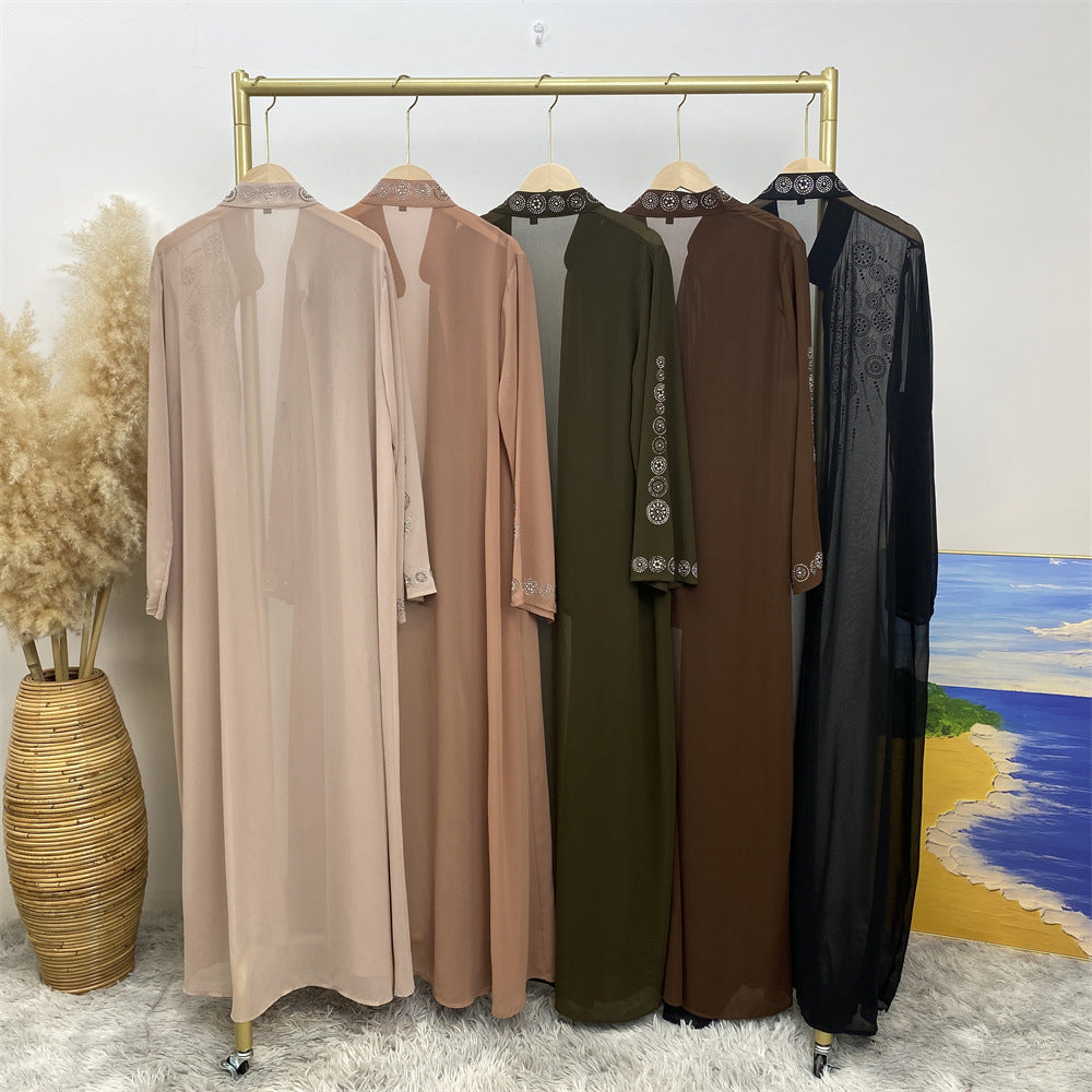 6740# Luxury chiffon africa diamond abaya long robe kaftan muslim women rhinestone open abaya