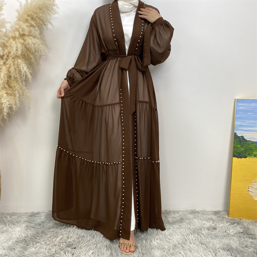 1964#Chiffon open abaya with white pearls tie belt long sleeves dubai abayas 5 colors 的副本
