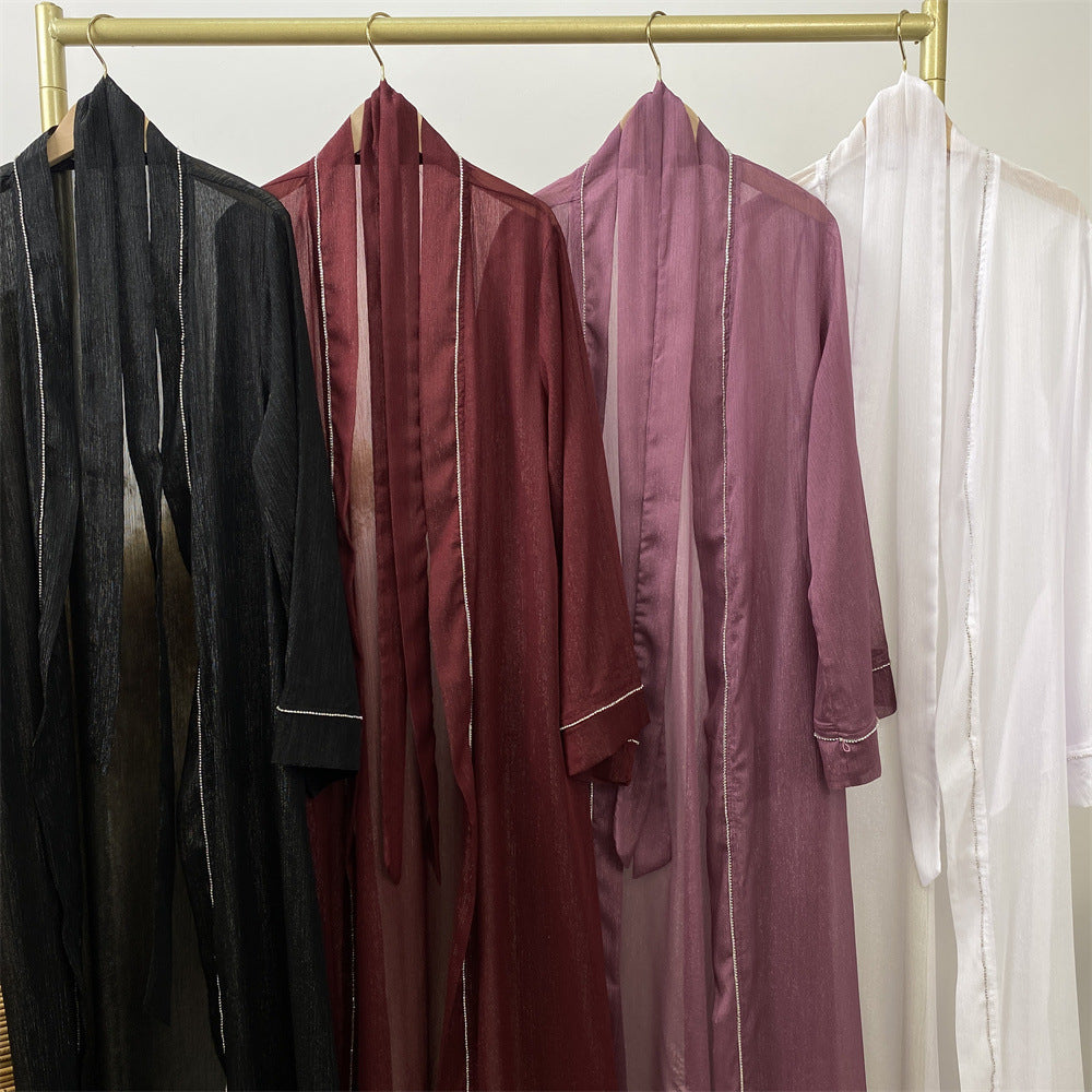 1425#New Material Transparent Silk Polyester Luxury Diamond Border With Pockets Women Open Abaya