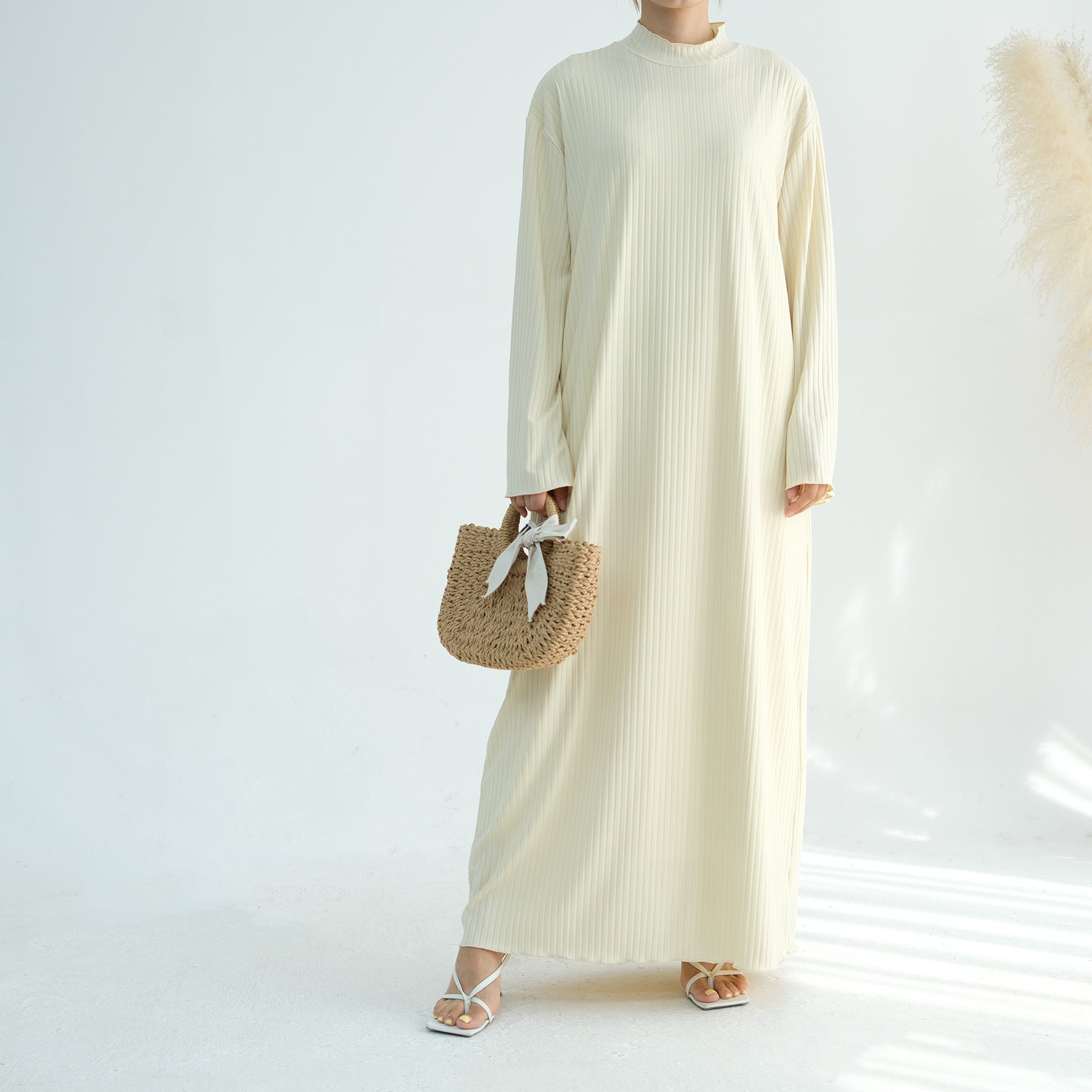1905#High Neck Simple Daily Wear Plain Modest Abaya Women Muslim Dress Long Sleeve Slip Dress