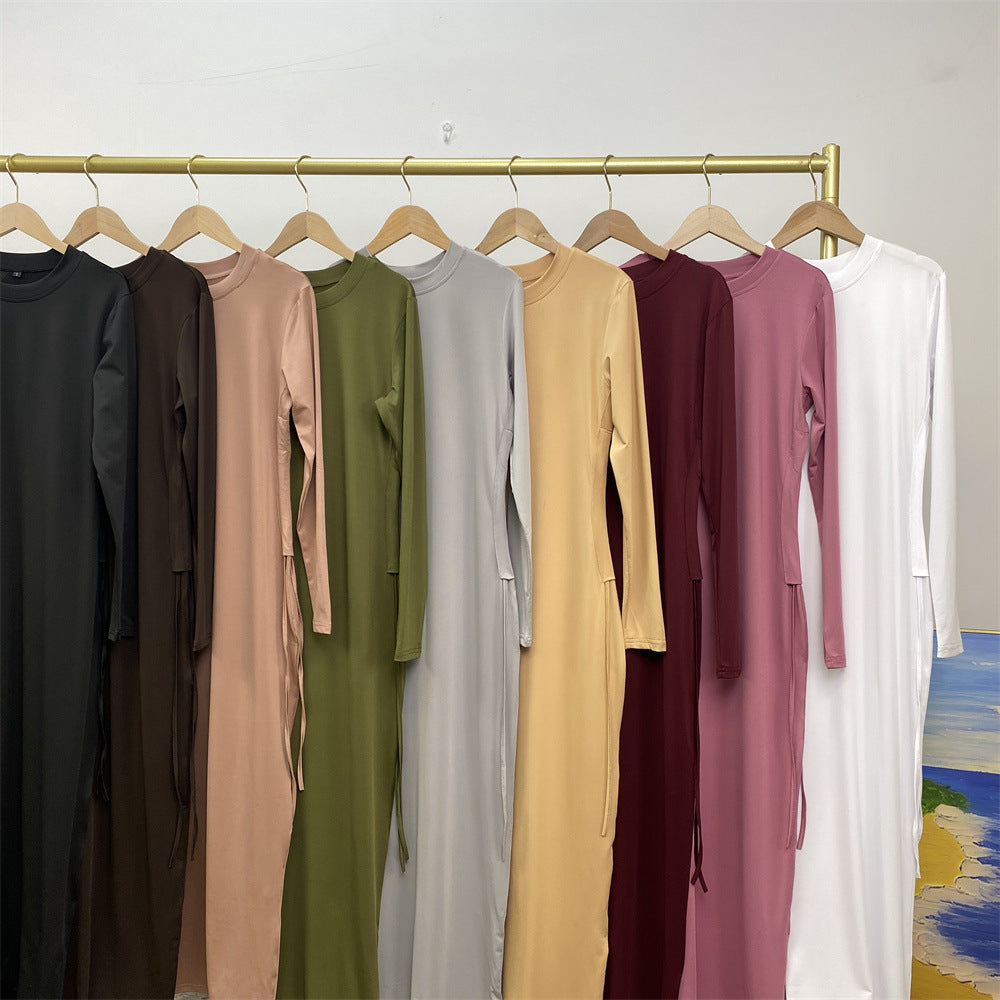 8521#Latest Dress Solid Color Little Bouncy Jersey Women Long Slim Sleeves Dress