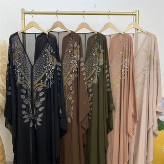 6743#Luxury New Rhinestone Chiffon Abaya Bead With Pearls Batwing Sleeves Classy Cardigan 的副本