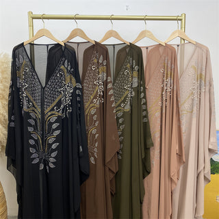 6743#Luxury New Rhinestone Chiffon Abaya Bead With Pearls Batwing Sleeves Classy Cardigan