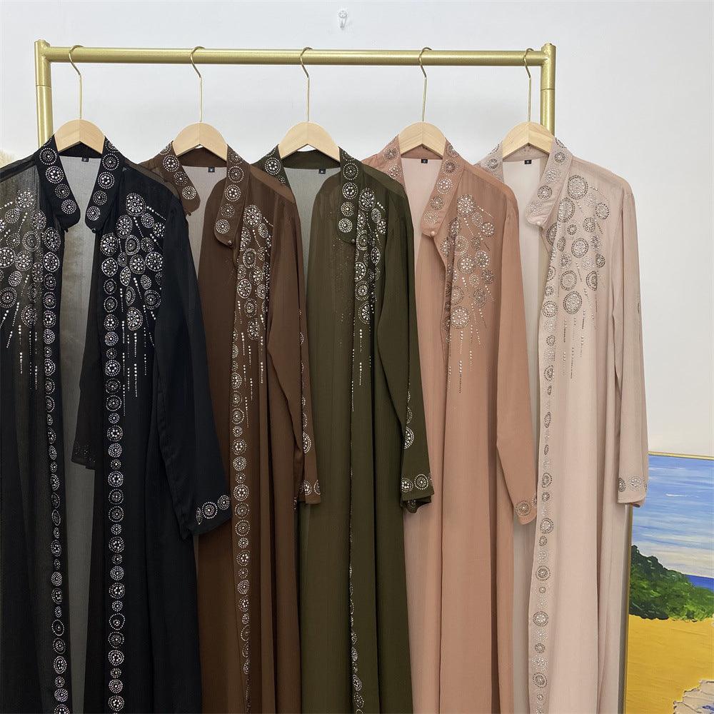 6740# Luxury chiffon africa diamond abaya long robe kaftan muslim women rhinestone open abaya