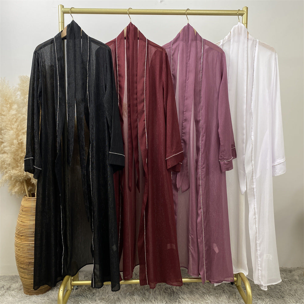 1425#New Material Transparent Silk Polyester Luxury Diamond Border With Pockets Women Open Abaya