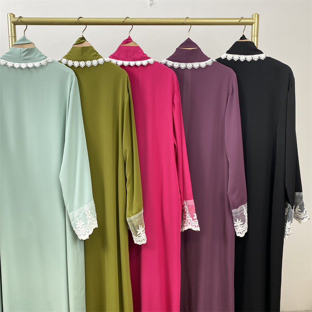 1405#Latest Eid Nida Material Flower Lace Border Classy Embroidery Women Open Abaya