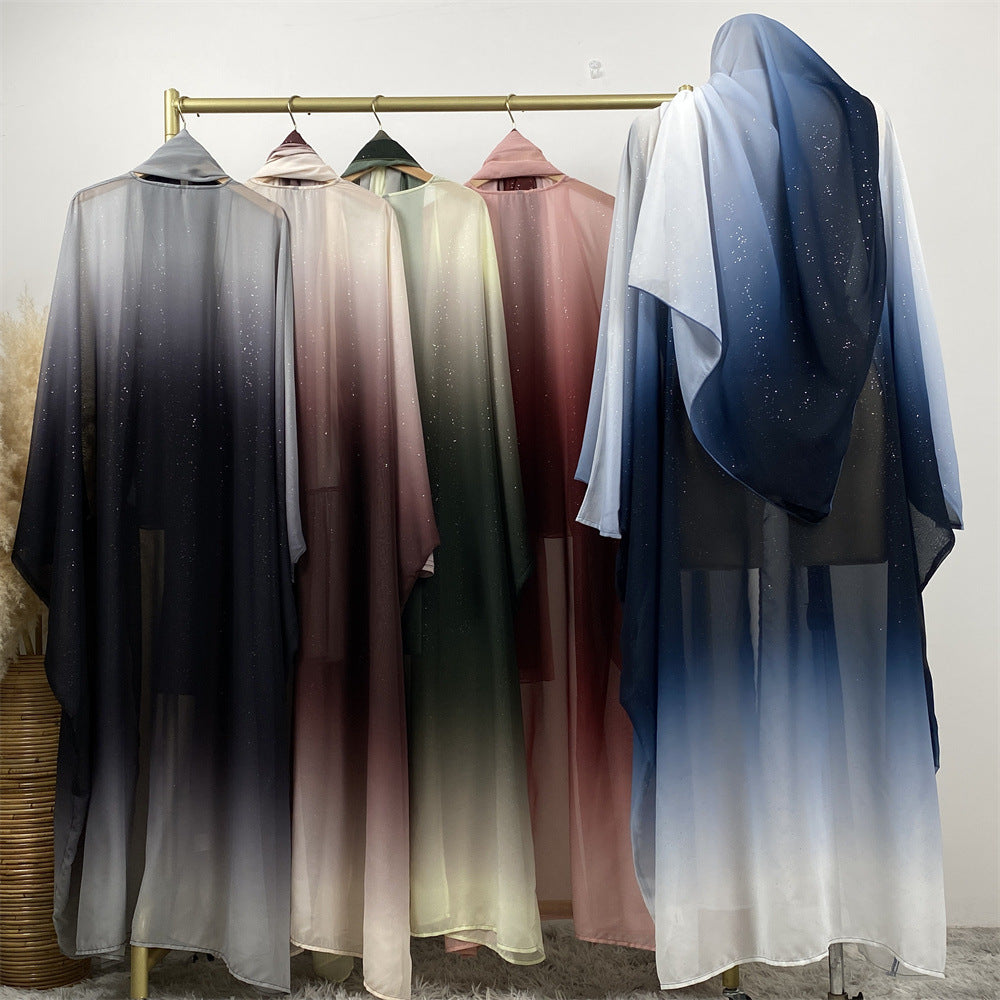 67501#2024 Kimono Abaya Dubai Gradient Color Islamic Clothing Women Muslim Dress with Hijab