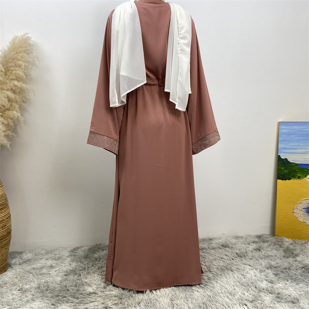 6758# Front zipper closed abaya dress loose cuff with rhinestone maxi dresses