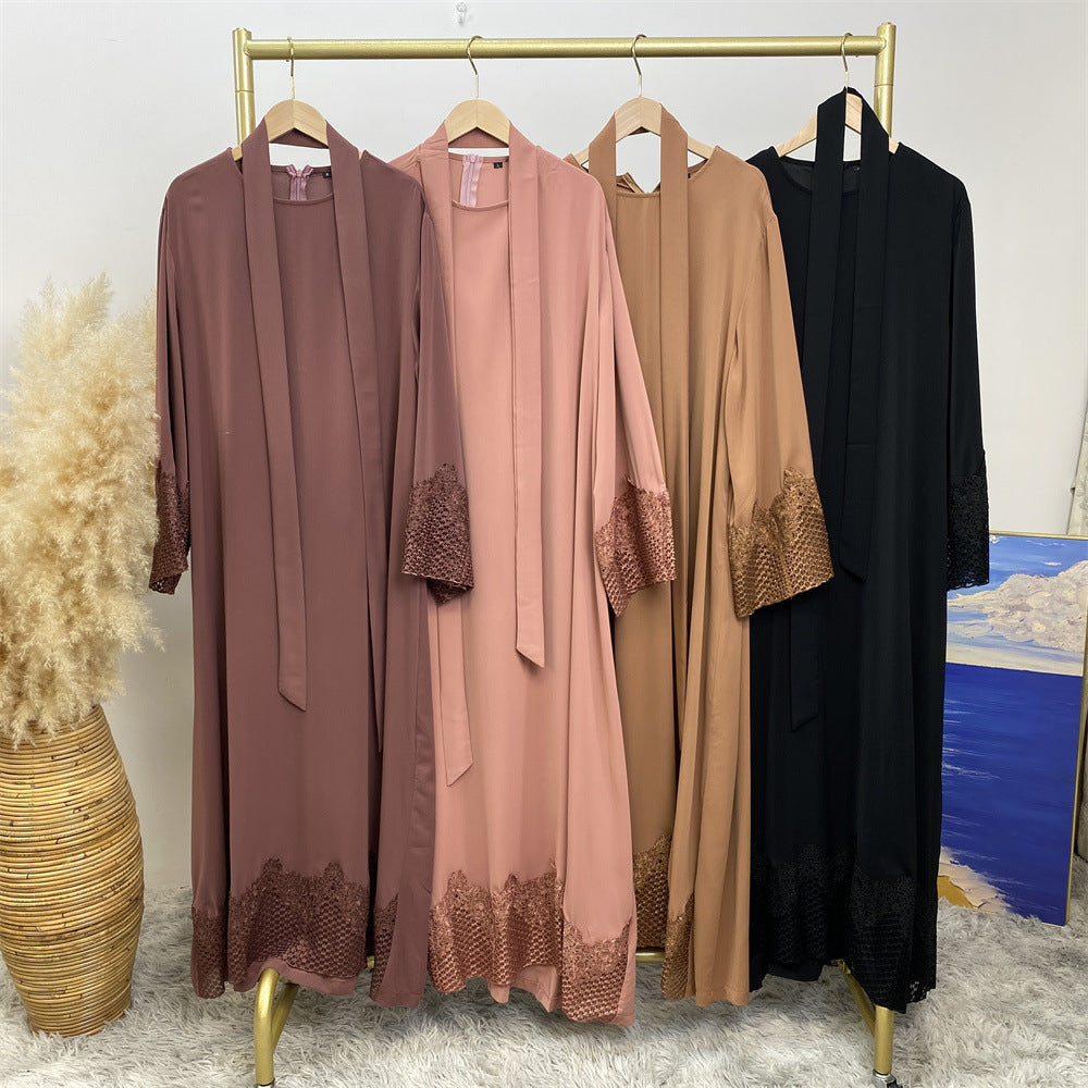 6708#New Nida Flower Applique With Mesh With Side Pockets Classy Women Dress Close Abaya