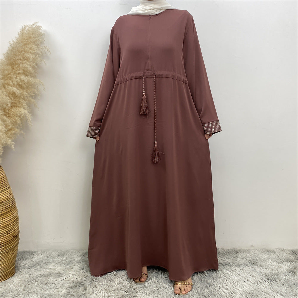 6758# Front zipper closed abaya dress loose cuff with rhinestone maxi dresses