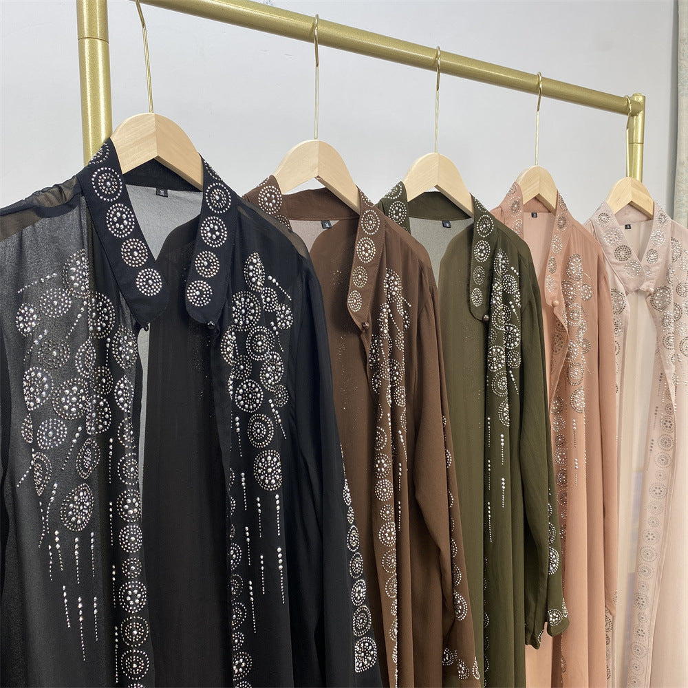 6740# Luxury chiffon africa diamond abaya long robe kaftan muslim women rhinestone open abaya