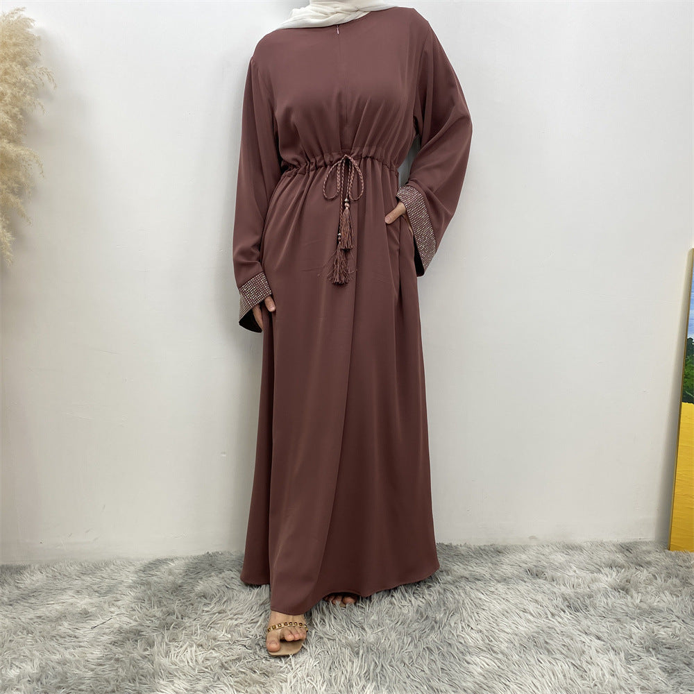 6758# Front zipper closed abaya dress loose cuff with rhinestone maxi dresses