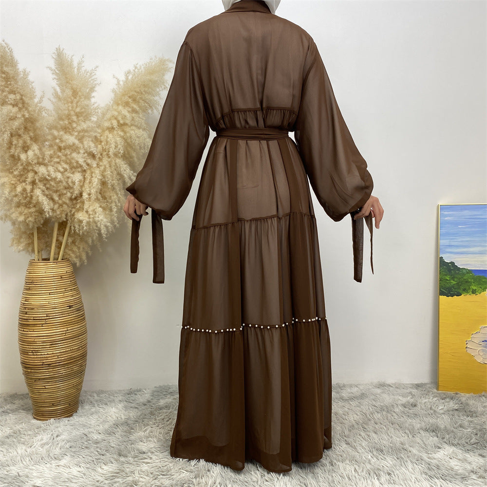 1964#Chiffon open abaya with white pearls tie belt long sleeves dubai abayas 5 colors 的副本