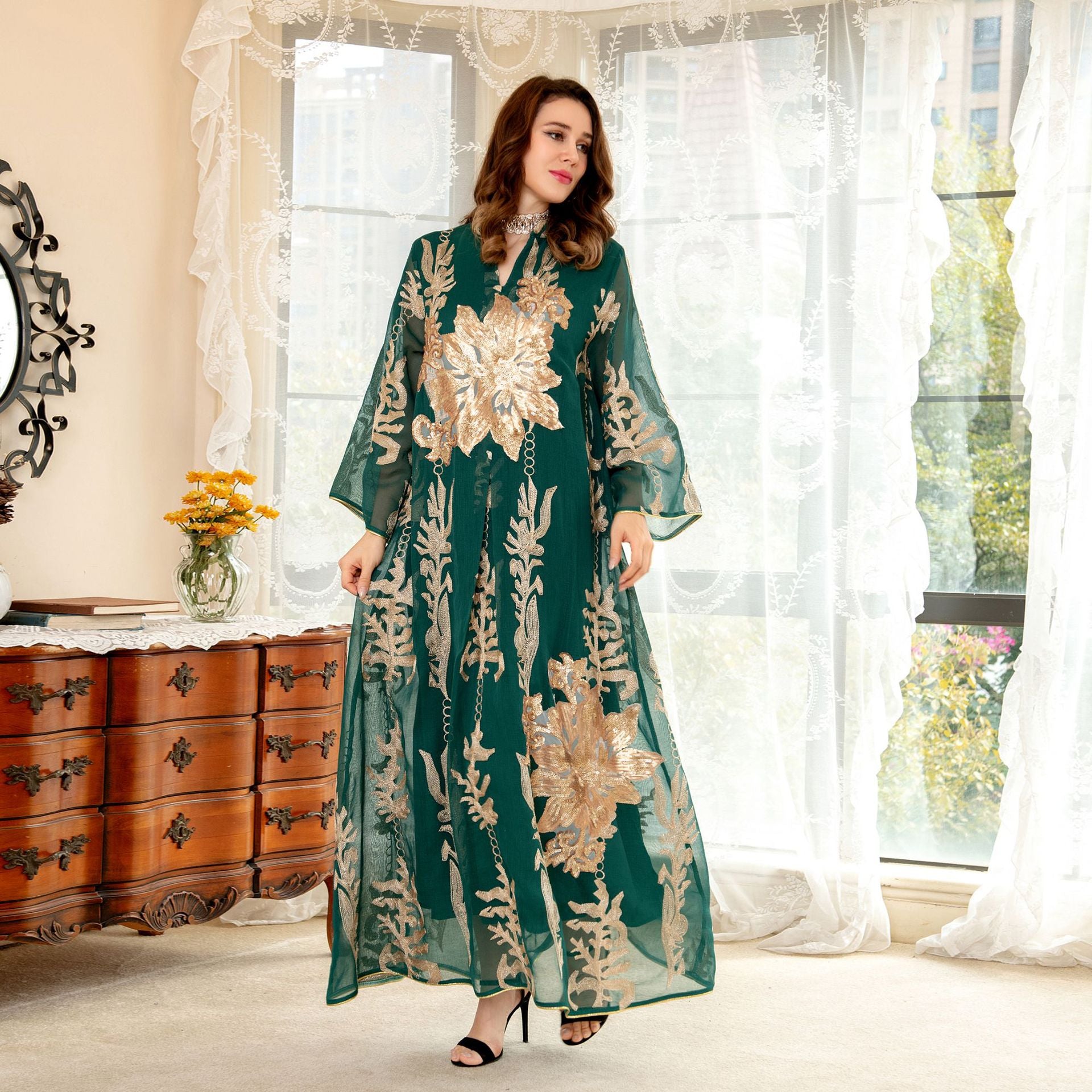 AB056# New burnt flower sequin dress light luxury ladies party dress Muslim abaya women's clothing