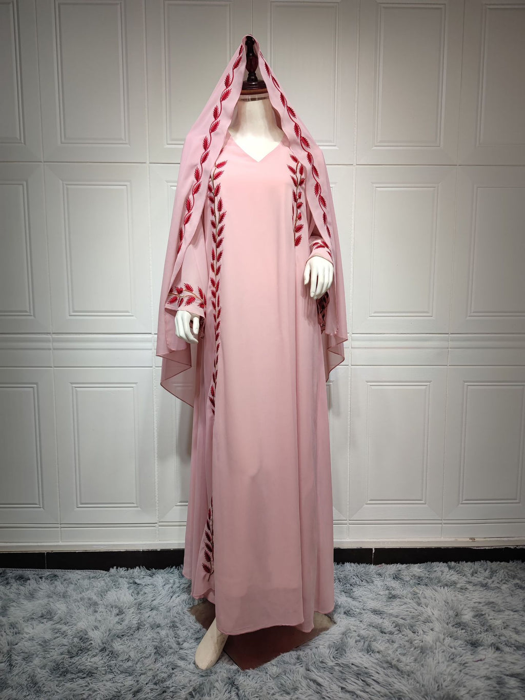 001#Chiffon Long Muslim Embroidery Round Neck Dress With Scarf