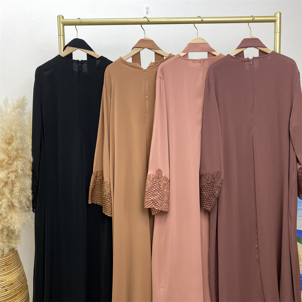 6708#New Nida Flower Applique With Mesh With Side Pockets Classy Women Dress Close Abaya