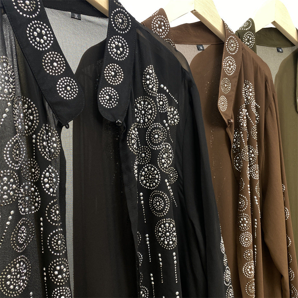6740# Luxury chiffon africa diamond abaya long robe kaftan muslim women rhinestone open abaya