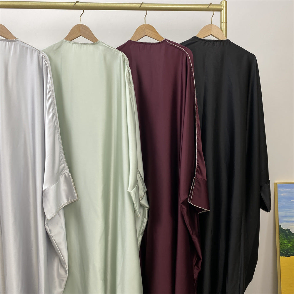 1427#New Arrival Muslim Women Silver Diamond Cardigan Islamic Clothing Light Shiny Satin Silk Abaya With Split Cuff