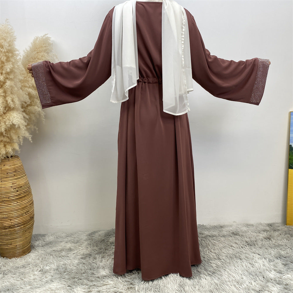 6758# Front zipper closed abaya dress loose cuff with rhinestone maxi dresses