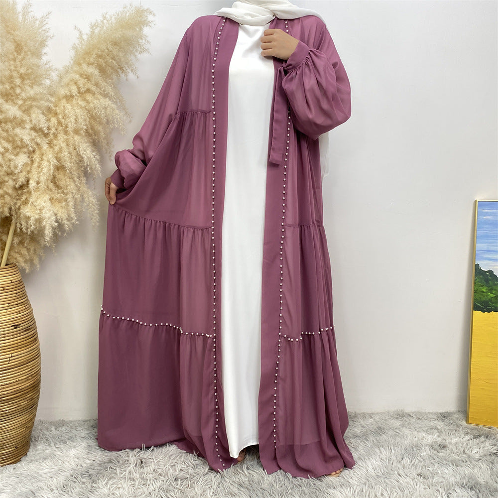 1964#Chiffon open abaya with white pearls tie belt long sleeves dubai abayas 5 colors 的副本