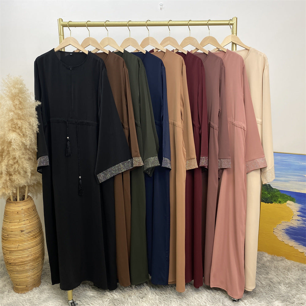 6758# Front zipper closed abaya dress loose cuff with rhinestone maxi dresses