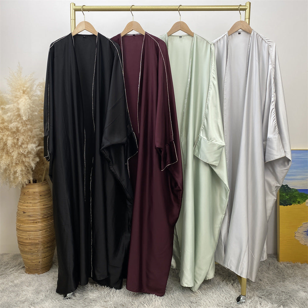 1427#New Arrival Muslim Women Silver Diamond Cardigan Islamic Clothing Light Shiny Satin Silk Abaya With Split Cuff