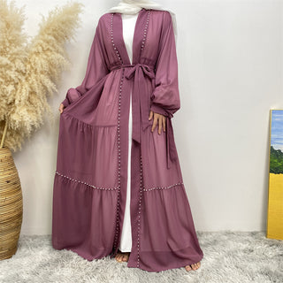 1964#Chiffon open abaya with white pearls tie belt long sleeves dubai abayas 5 colors