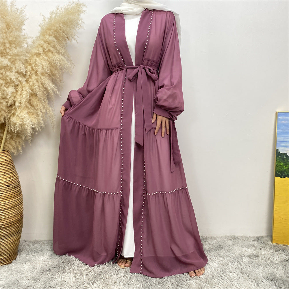 1964#Chiffon open abaya with white pearls tie belt long sleeves dubai abayas 5 colors