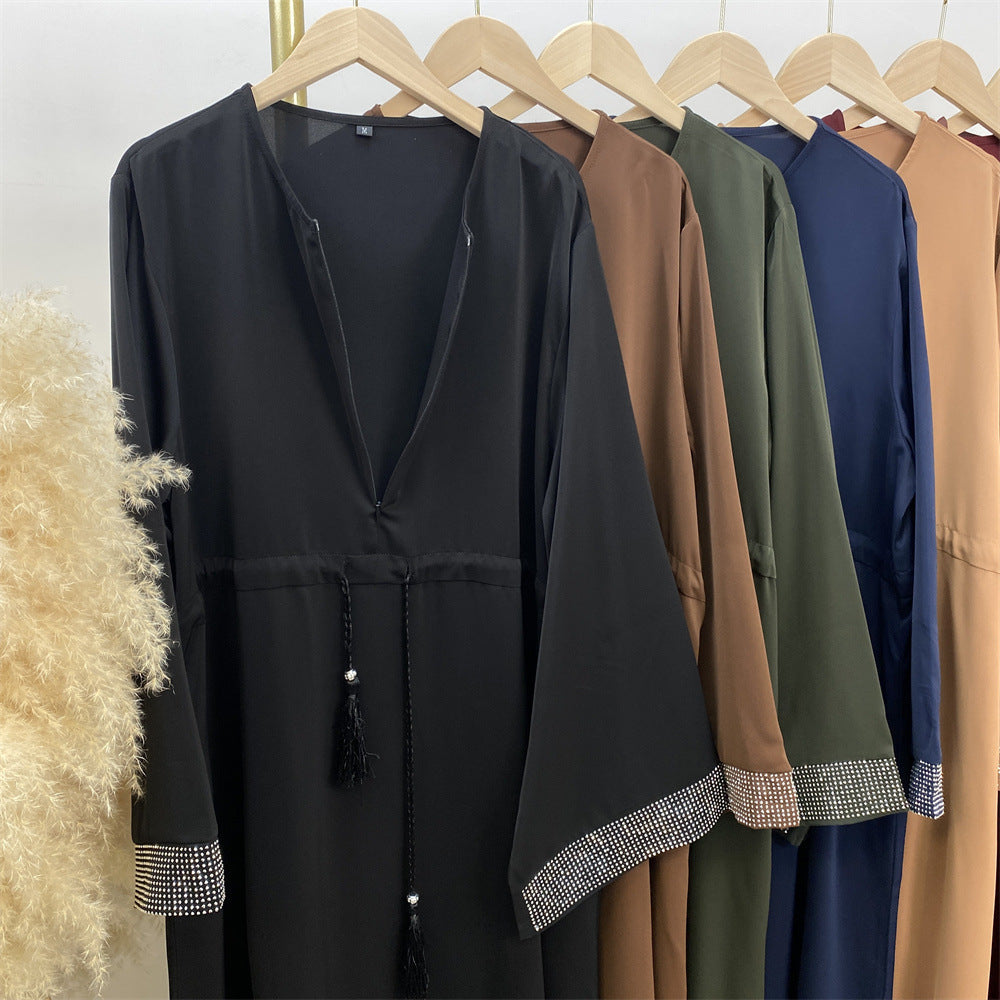 6758# Front zipper closed abaya dress loose cuff with rhinestone maxi dresses