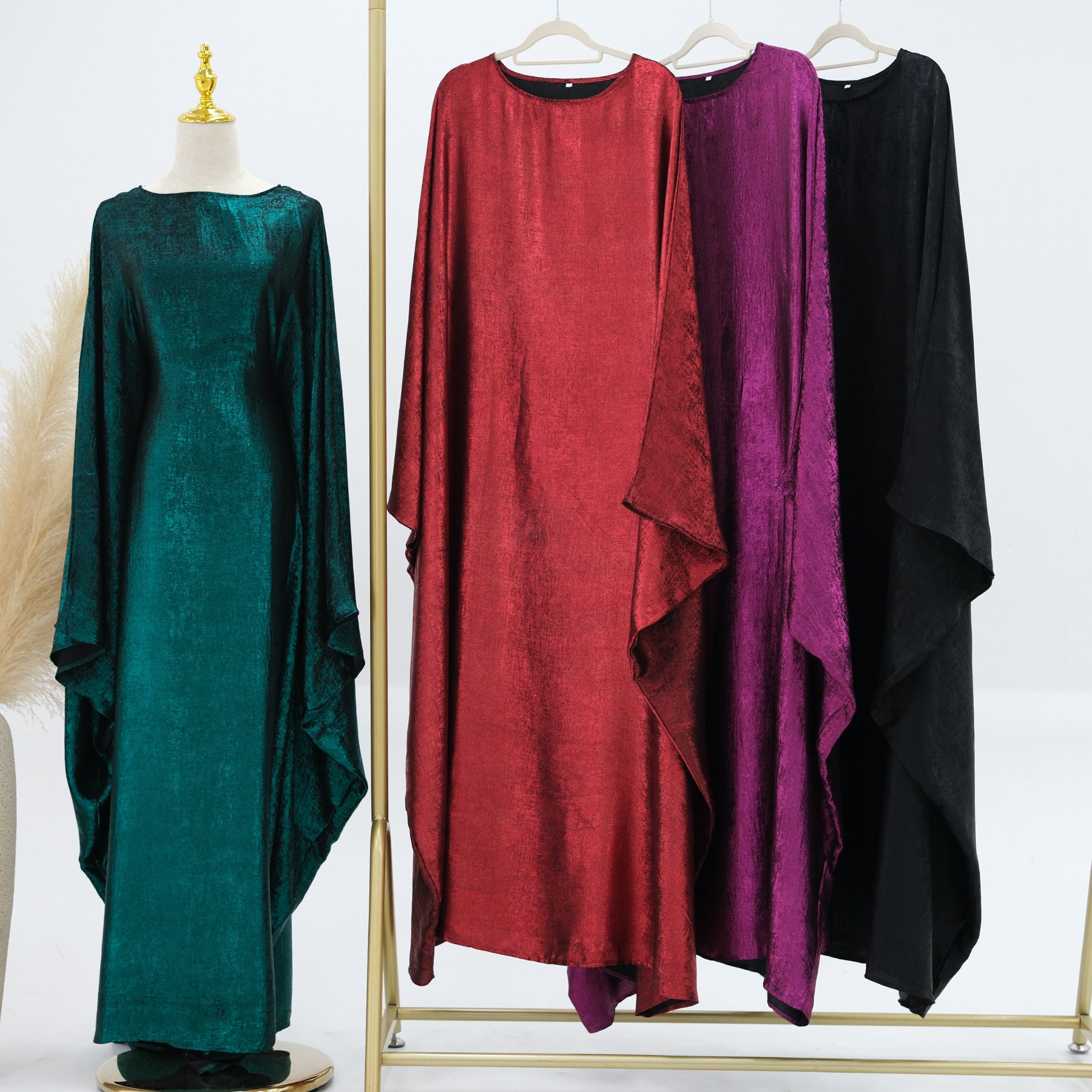 1778#2024 Women's Dresses Elegant Shiny Polyester Kaftan Abaya Batwing Muslim Dress